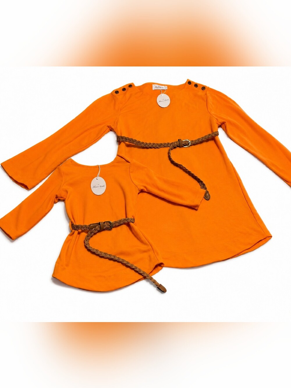 Marie Nicole Mom and Me Tangerine Button Dress w/ Braided Belt.
